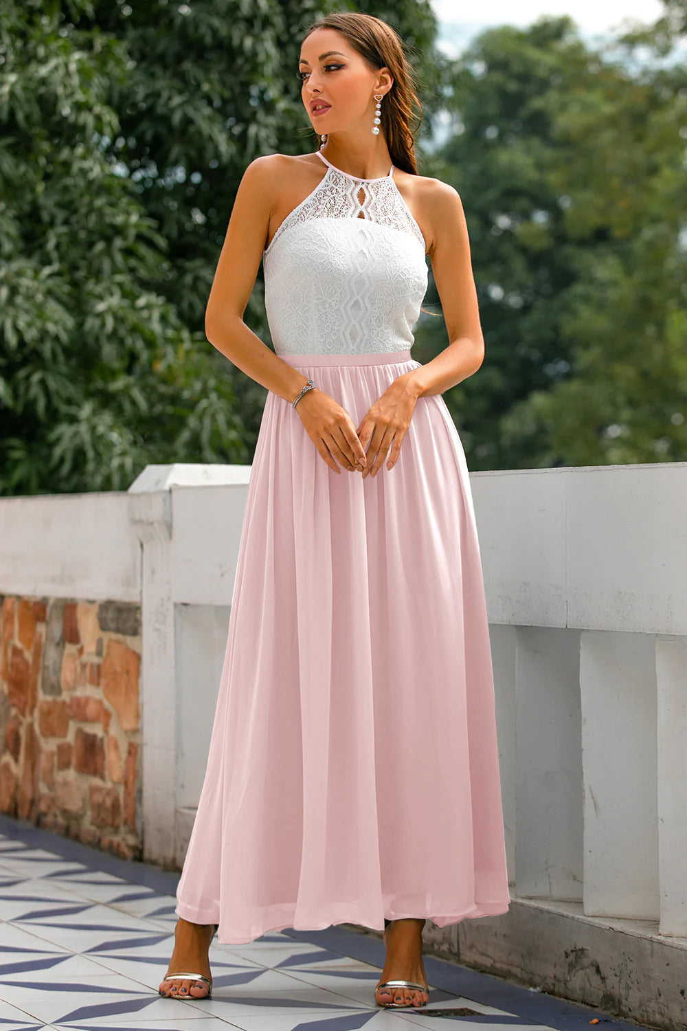 Smooth fabric elegant halter maxi dress for women. A long formal wedding guest gown.
