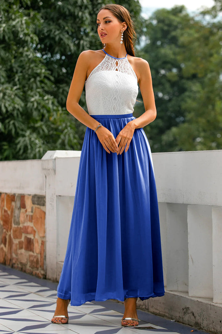 Modern elegant women's halter maxi dress, a chic formal choice for wedding guests and special occasions.