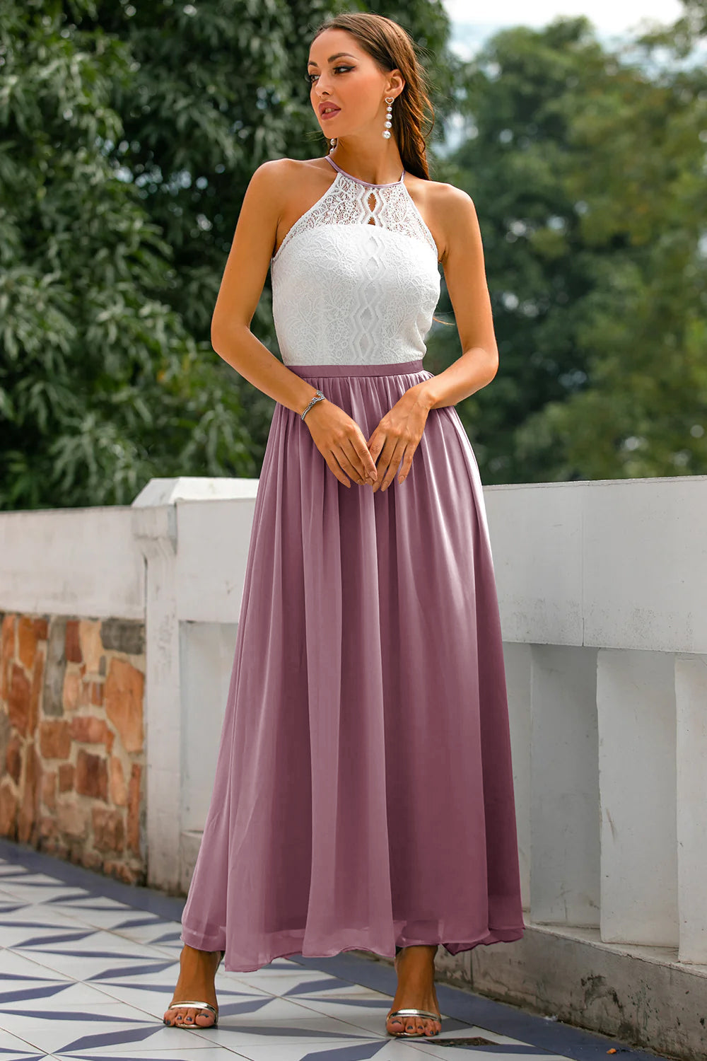 Back view of the elegant halter wedding guest maxi dress. Perfect for formal events & evening wear.