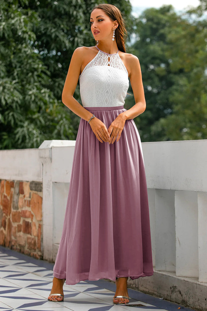 Back view of the elegant halter wedding guest maxi dress. Perfect for formal events & evening wear.