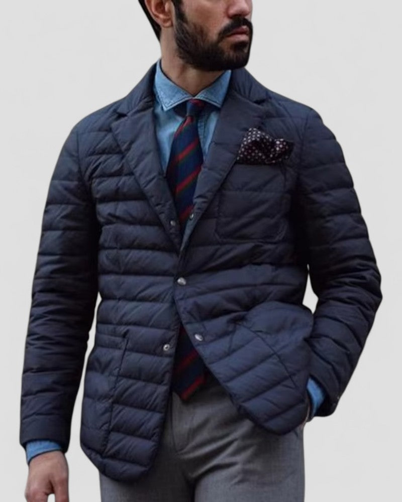 Stylish men's dark blue quilted padded jacket, tailored for smart casual fall & winter events. Warm outerwear.