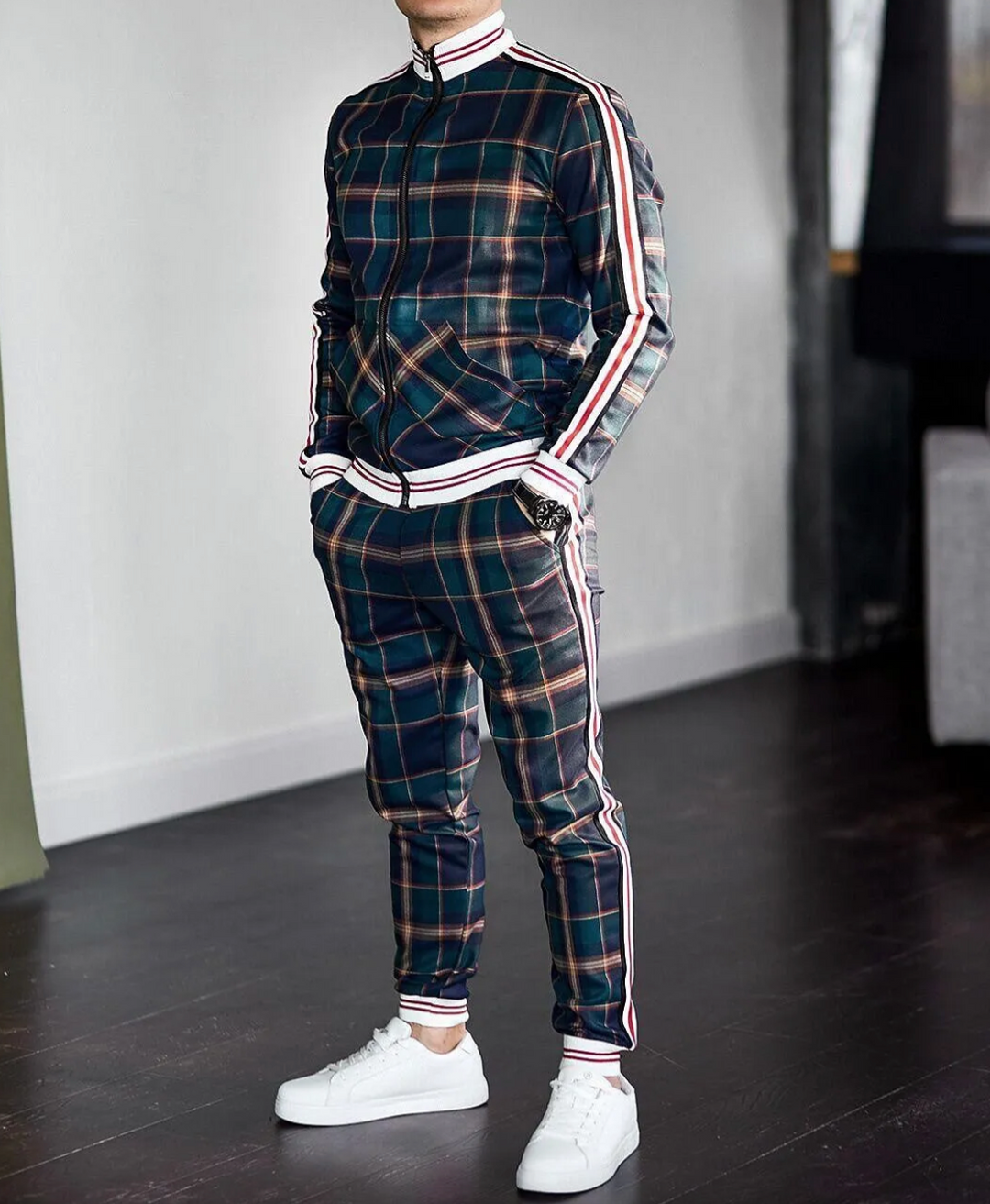 Stylish men's Dorian tracksuit with modern check pattern, perfect for casual wear or training.
