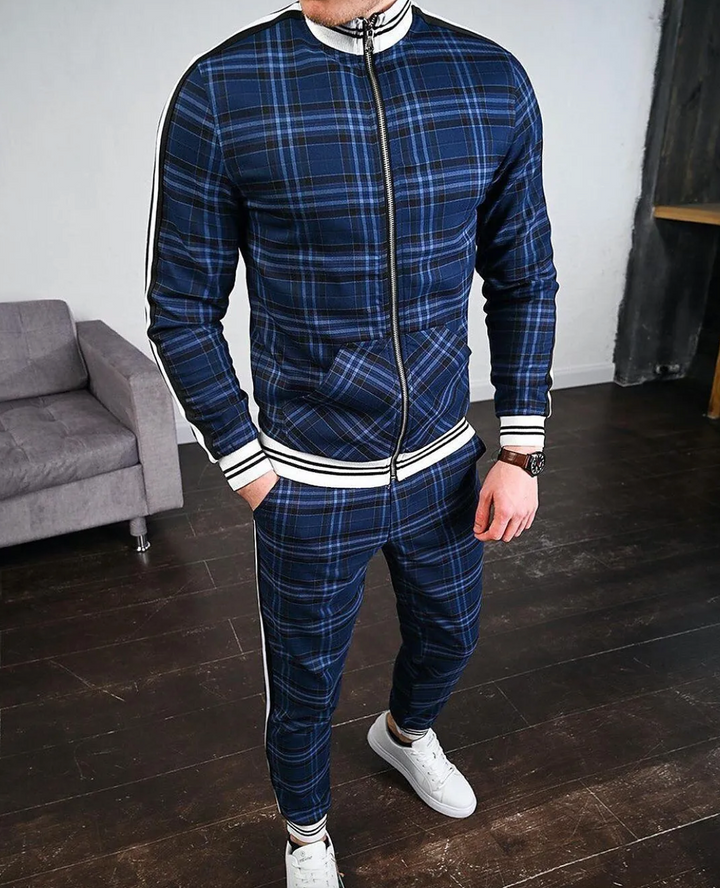 Slim fit men's check pattern training set, a stylish coordinated outfit for sporty or loungewear.