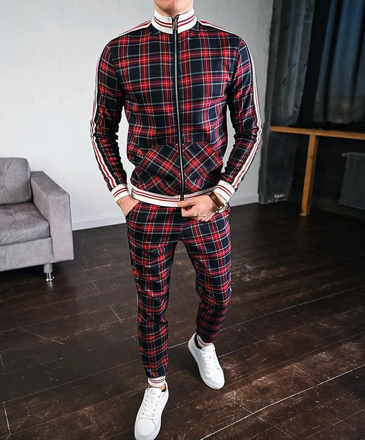 Dorian men's fall/spring check pattern track set, offering a stylish & comfortable athletic wear option.