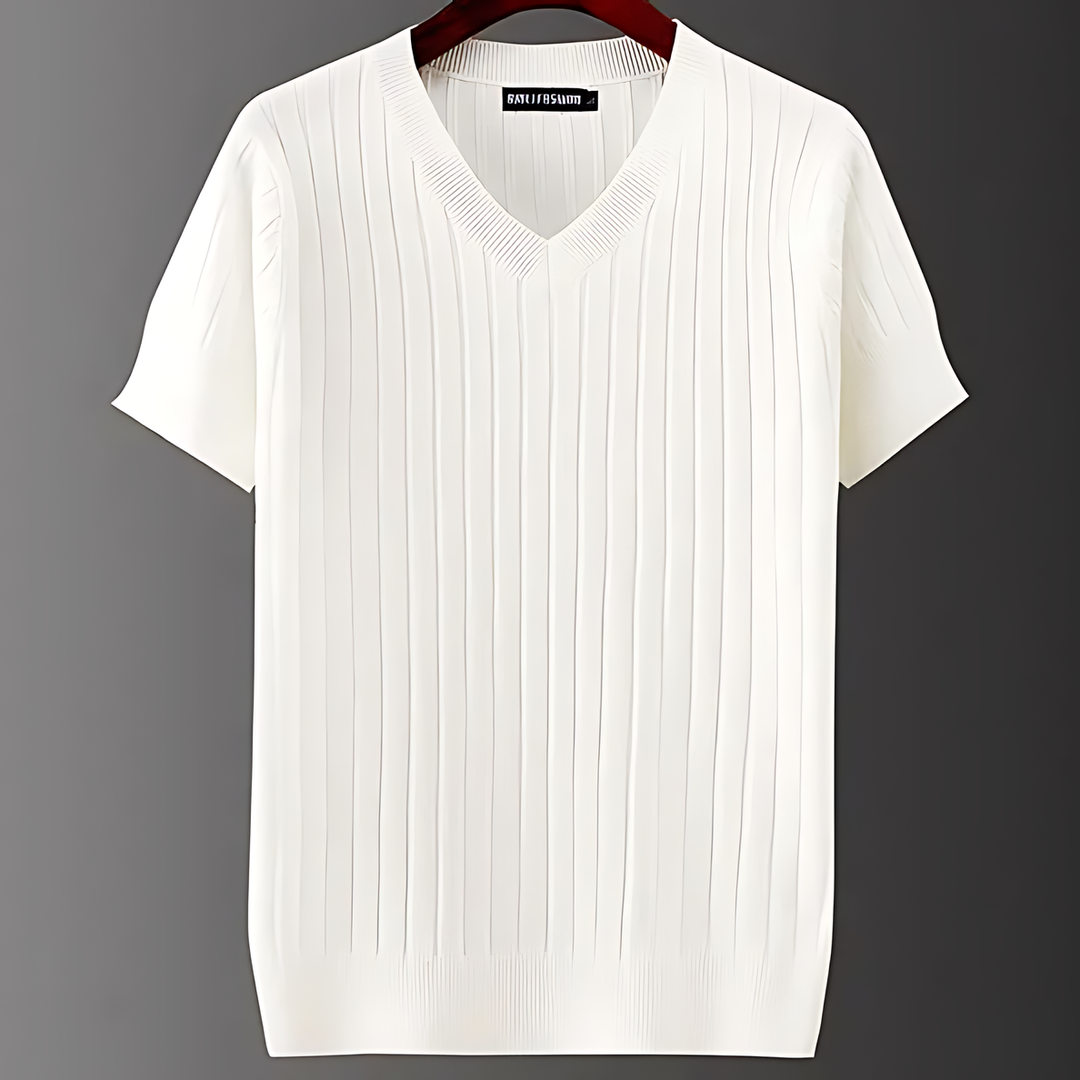Stylish men's ribbed knit V-neck summer shirt in a slim fit, perfect for casual warm weather wear.