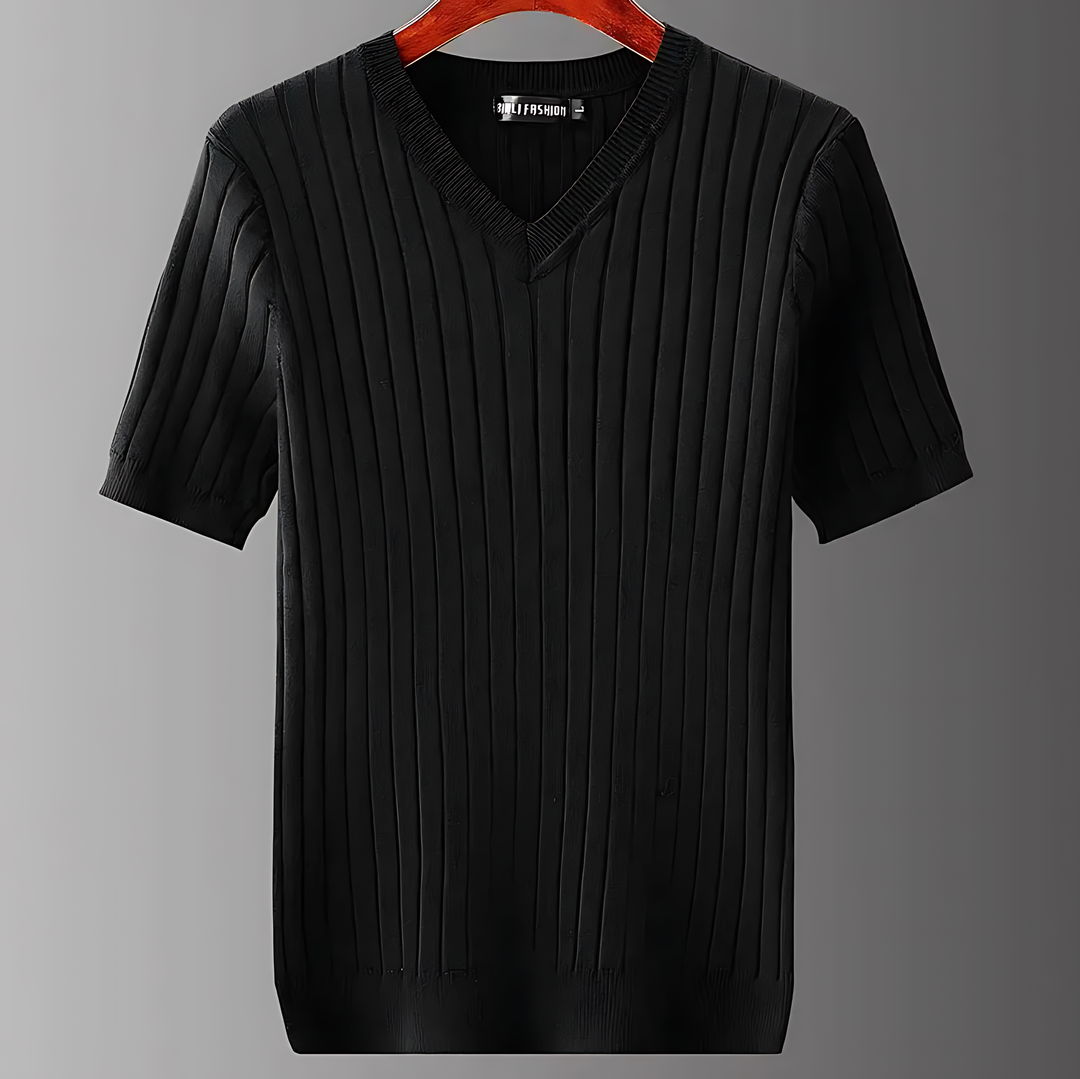Ribbed knit V-neck men's short sleeve shirt, ideal for stylish summer fashion and everyday casual wear.