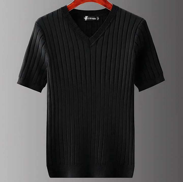 Ribbed knit V-neck men's short sleeve shirt, ideal for stylish summer fashion and everyday casual wear.