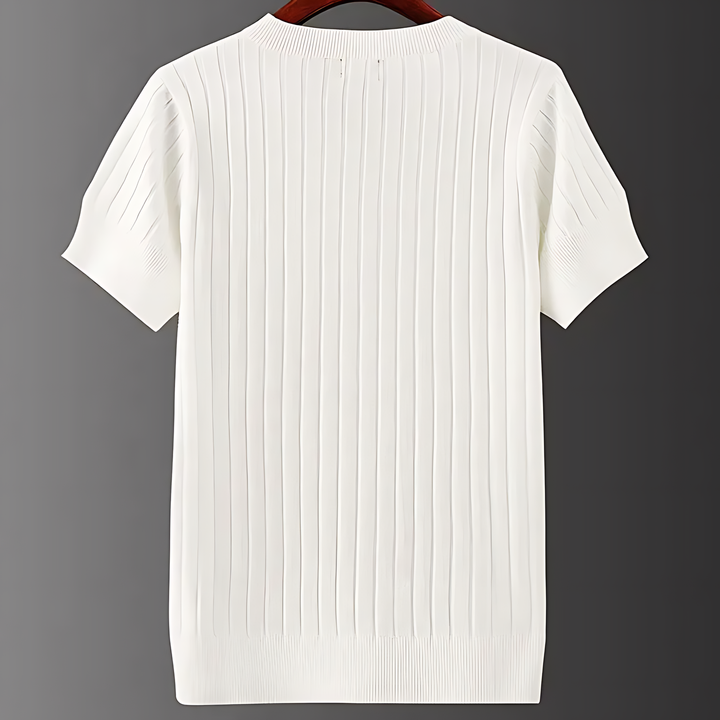 Versatile men's summer shirt: ribbed knit, V-neck, short sleeve, and slim fit for warm weather comfort.