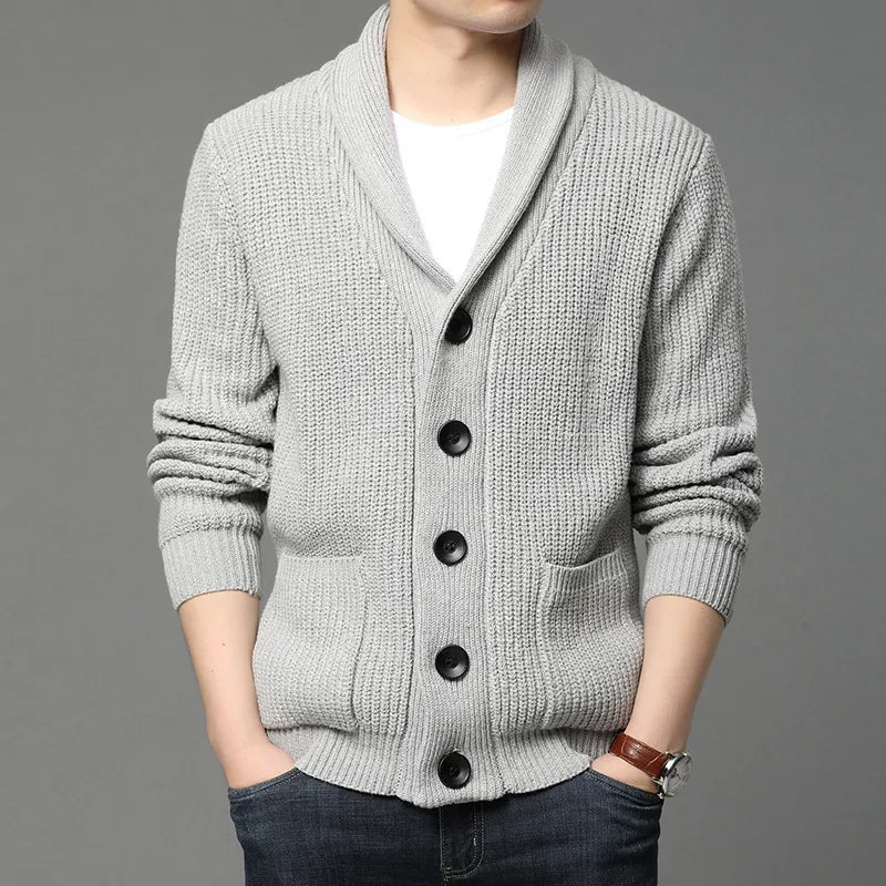 Stylish men's shawl collar cardigan, versatile for casual & smart casual wear. Long sleeve, button-up knit.