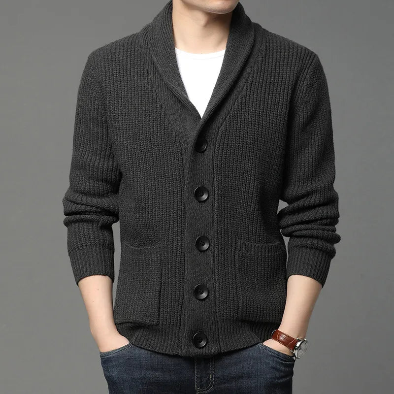 Versatile men's cardigan with a stylish shawl collar, ideal for all-season layering & comfort. Button-up design.