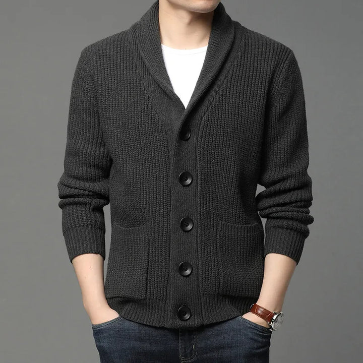 Versatile men's cardigan with a stylish shawl collar, ideal for all-season layering & comfort. Button-up design.