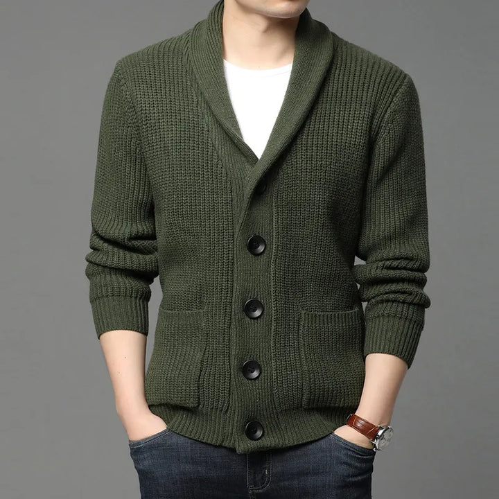 Comfortable men's long-sleeve cardigan with a chic shawl collar, great for everyday style and casual wear.