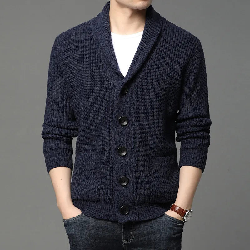 Men's button-up shawl collar cardigan in a classic knit, perfect for smart casual and versatile layering.