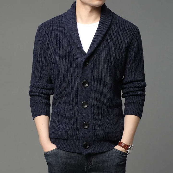 Men's button-up shawl collar cardigan in a classic knit, perfect for smart casual and versatile layering.