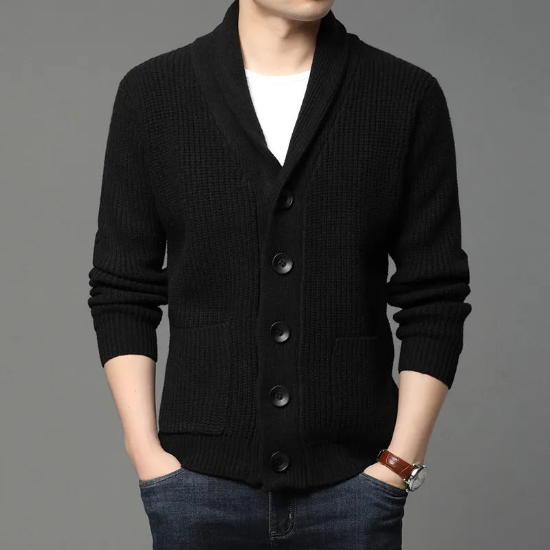 Men's stylish long-sleeve shawl collar cardigan, perfect for a smart casual look or comfortable layering.