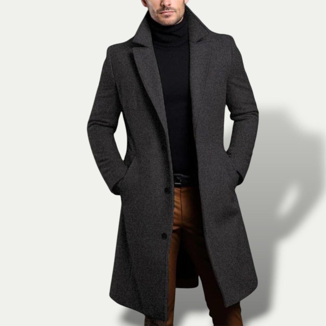 Versatile men's khaki long trench coat, single breasted design for all-season smart casual or business outfits.