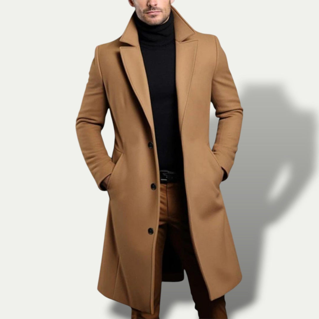 Elegant men's black single breasted long coat. A classic tailored trench coat, ideal for business wear and stylish outfits.