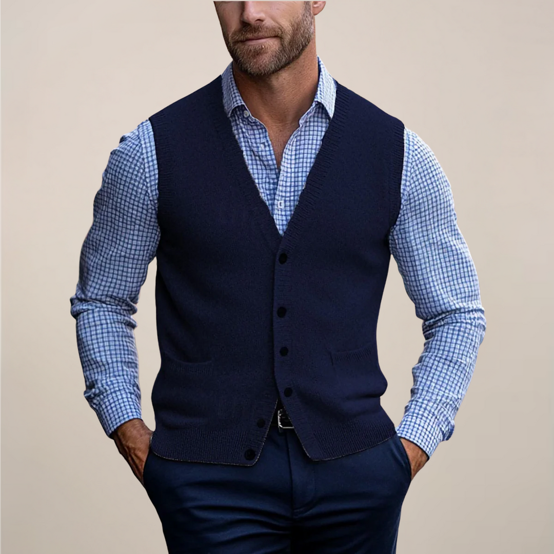Casual men's sleeveless vest, great for comfortable layering. A versatile smart casual and office wear essential.