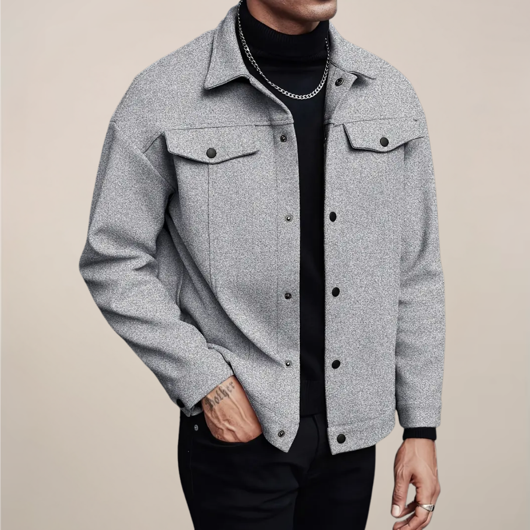 Elegant men's button-up jacket, a smart casual outerwear piece for cool autumn days and winter layering.