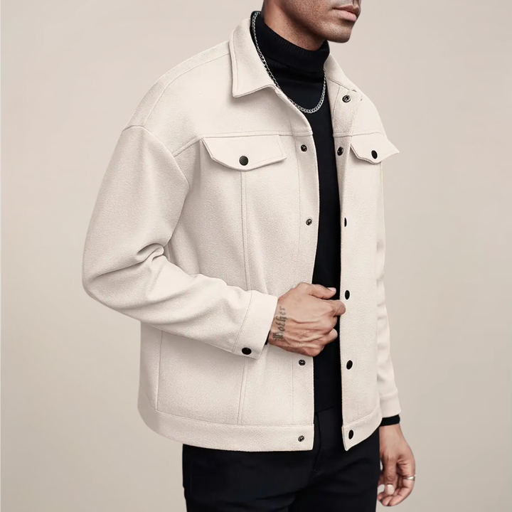 Modern men's smart casual button-up jacket, a stylish and practical layering piece for fall fashion.
