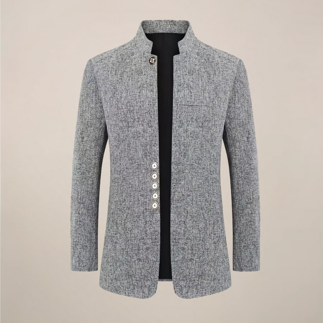 Stylish men's stand collar blazer, single-breasted, tailored fit for modern business casual or formal wear.
