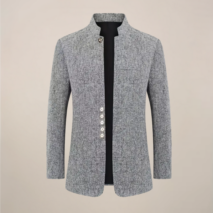 Stylish men's stand collar blazer, single-breasted, tailored fit for modern business casual or formal wear.