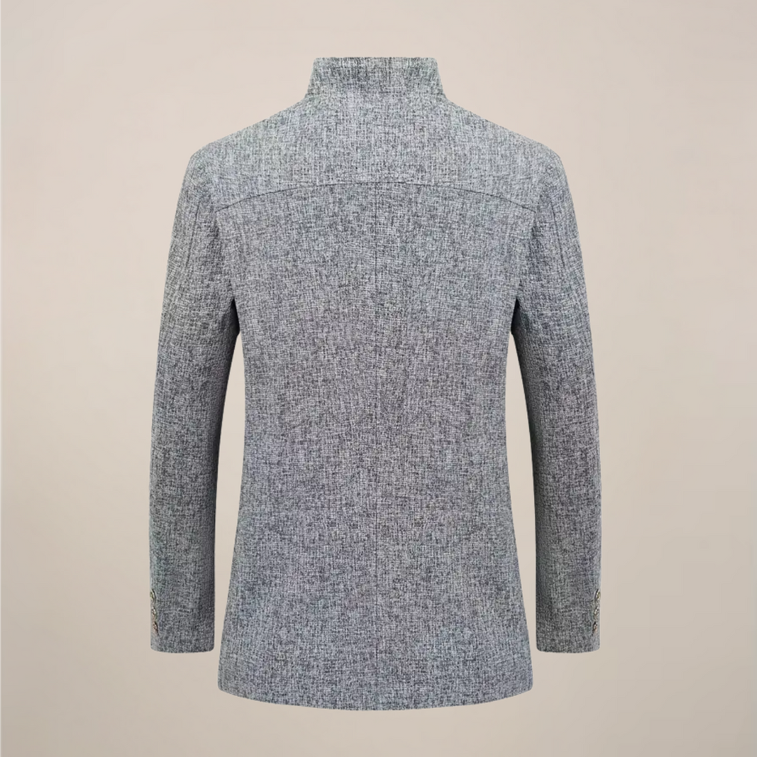 Men's stand collar tailored blazer, single-breasted jacket perfect for spring, autumn, business casual.