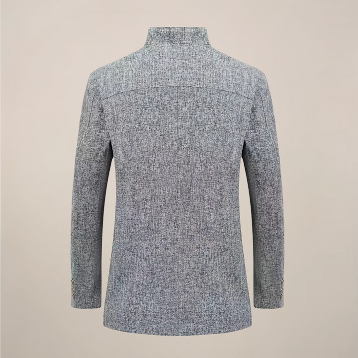 Men's stand collar tailored blazer, single-breasted jacket perfect for spring, autumn, business casual.