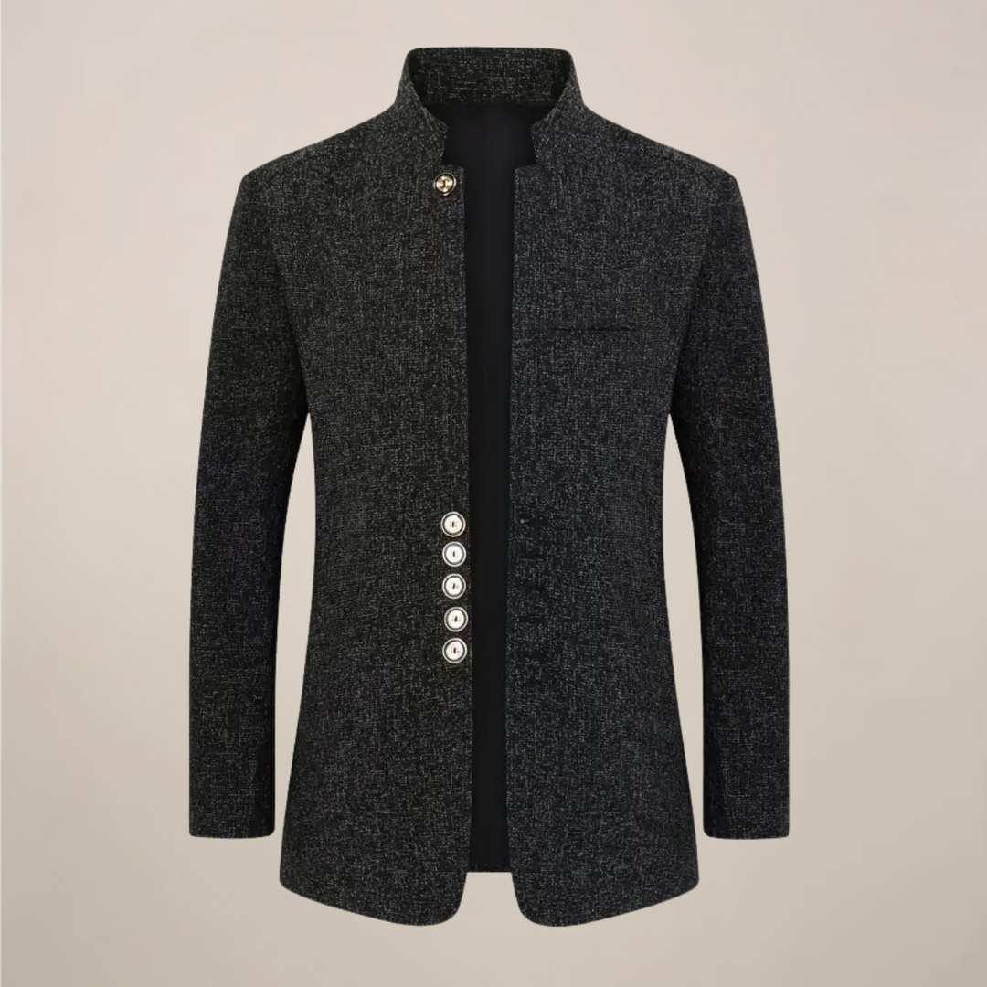Elegant men's stand collar, single-breasted blazer. Tailored fit for stylish spring/autumn outerwear.