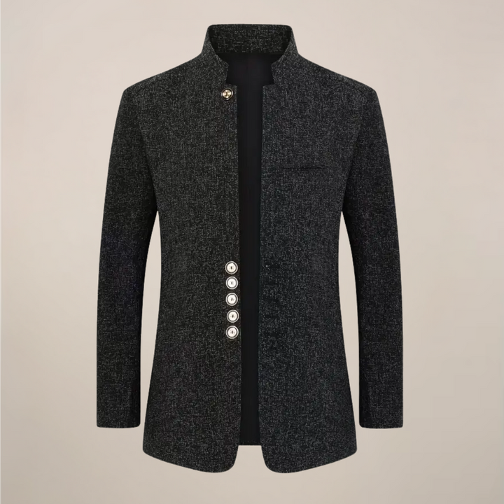 Elegant men's stand collar, single-breasted blazer. Tailored fit for stylish spring/autumn outerwear.