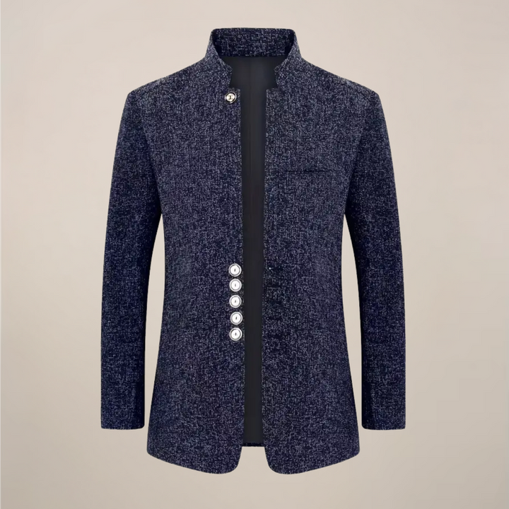 Sharp men's stand collar blazer, single-breasted tailored jacket, perfect for a stylish business casual look.