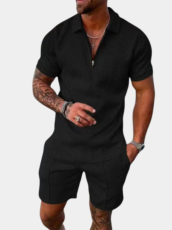 Stylish men's zip polo & short set. Casual two-piece outfit for summer leisure. Comfortable & coordinated men's fashion.