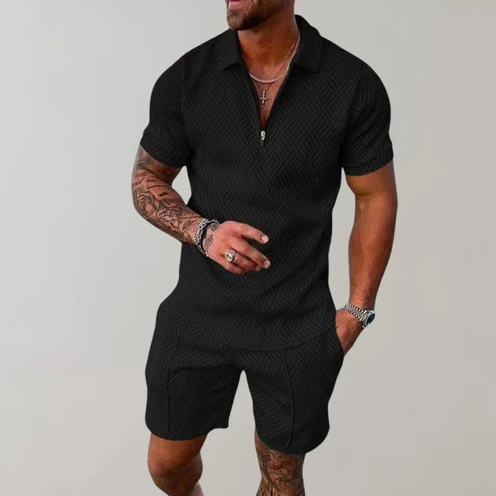 Men's casual summer outfit set featuring a zip polo shirt & matching shorts. Perfect for travel or leisure.