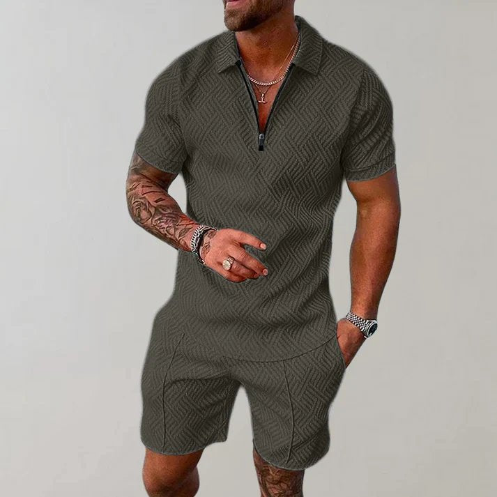 Front view of men's zip polo short set. Coordinated two-piece casual summer outfit for stylish men's leisurewear.