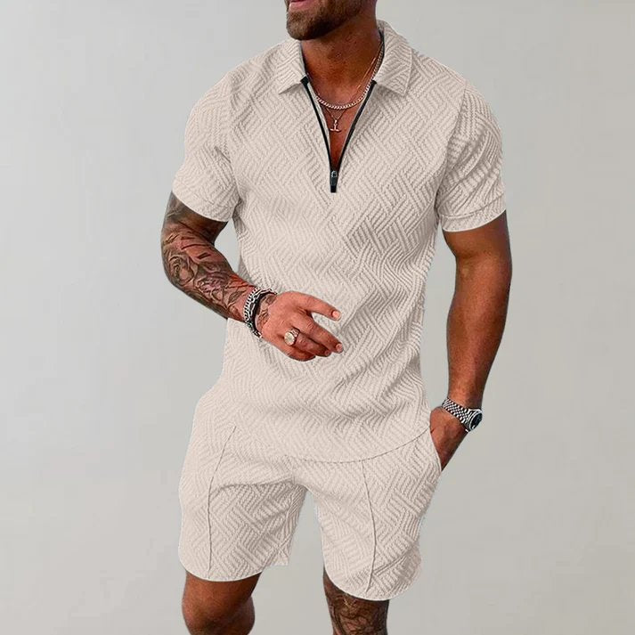 Men's leisure short set: two-piece outfit with a trendy zip polo & comfortable shorts. Great for summer travel.