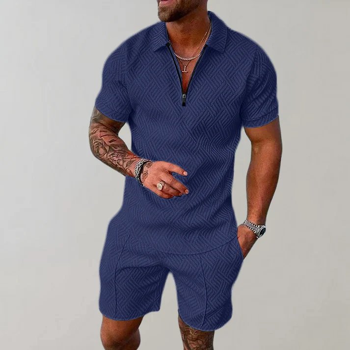 Modern men's fashion zip polo short set. Stylish two-piece casual outfit, perfect for comfortable summer wear.