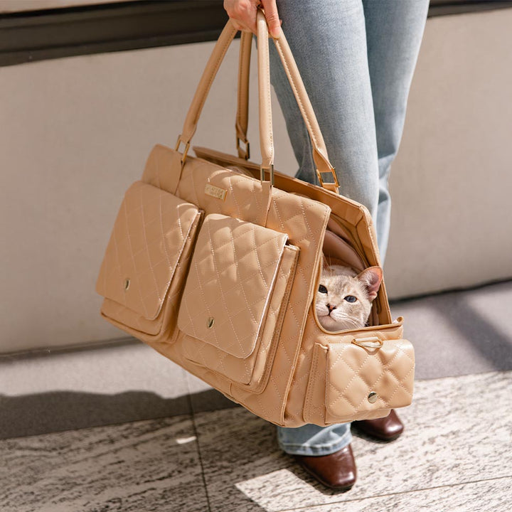 Breathable pet travel carrier for small dogs and cats, showcasing mesh side panels.