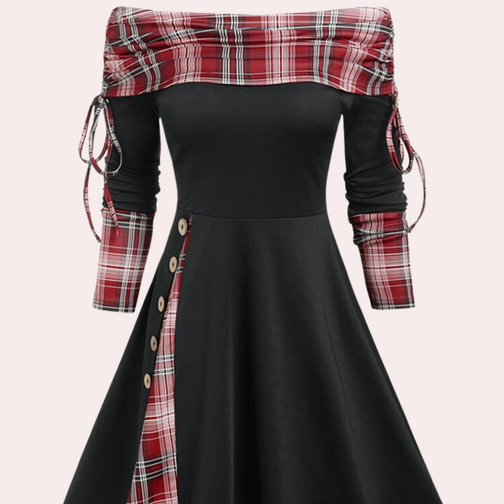 Fashionable A-line women's dress showcasing a vibrant accent print, a stylish choice for any occasion.
