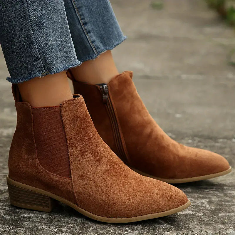 Comfortable beige Anica Chelsea boots for women. Slip-on design makes them ideal everyday fall & winter footwear.