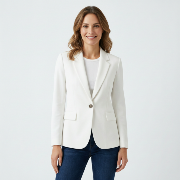 Stylish women's black one-button blazer with classic lapel for professional office wear and business attire.