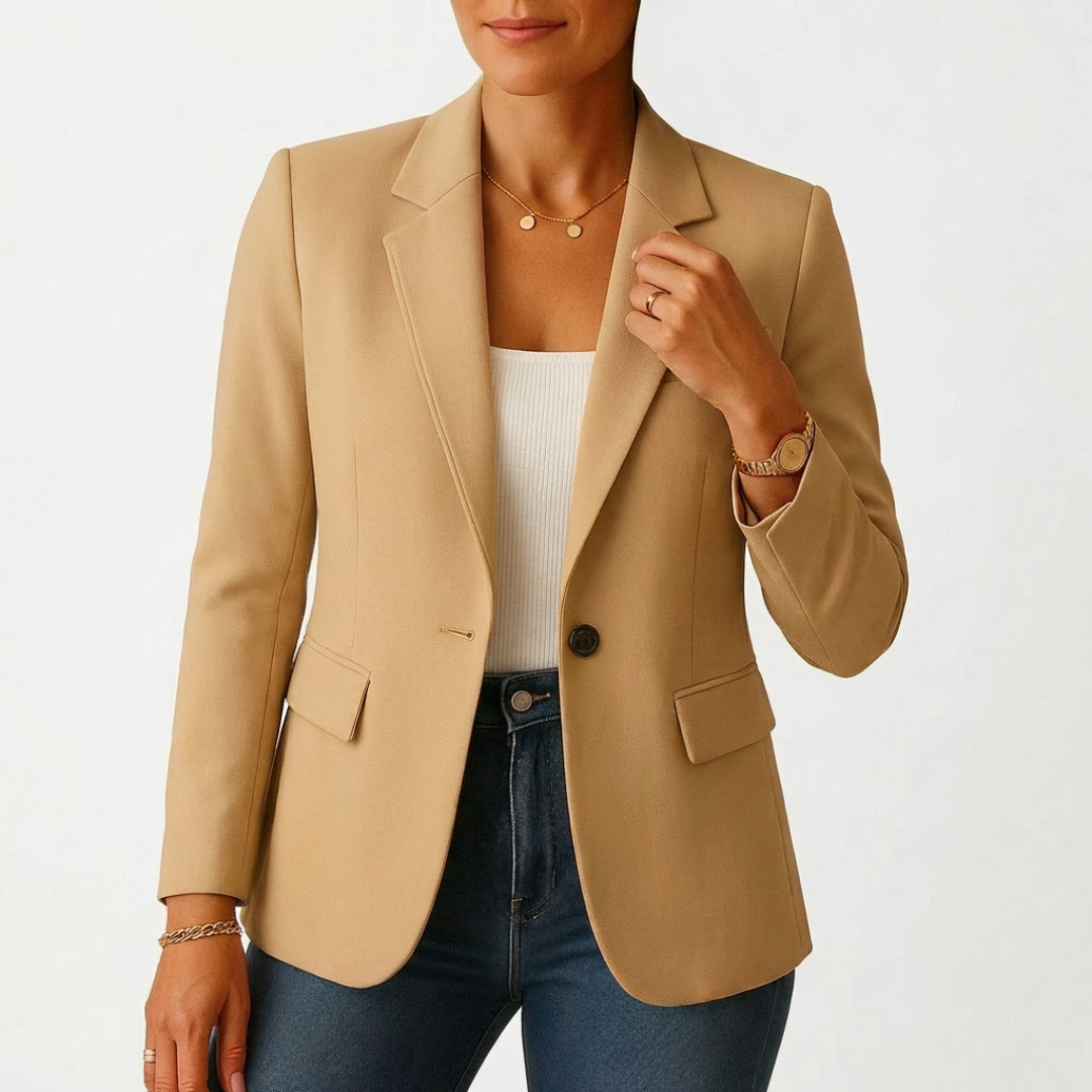 Elegant tailored women's blazer, one-button closure, classic lapels, perfect for formal workwear & business style.