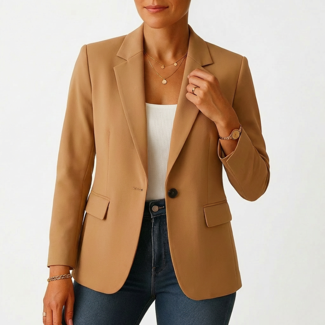 Versatile women's one-button blazer with classic lapel. A perfect tailored jacket for formal and professional outfits.