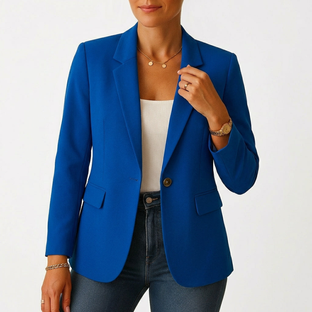 Smart women's professional blazer featuring one-button front and classic lapel. Ideal for office & sophisticated attire.