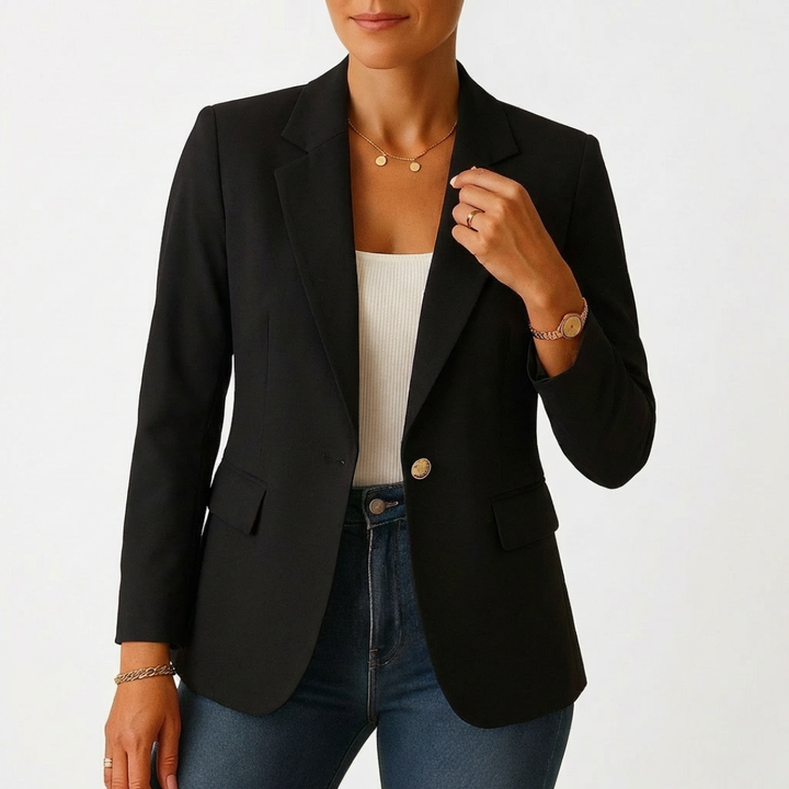 High-quality women's tailored blazer with a classic lapel and one-button closure for professional business style.