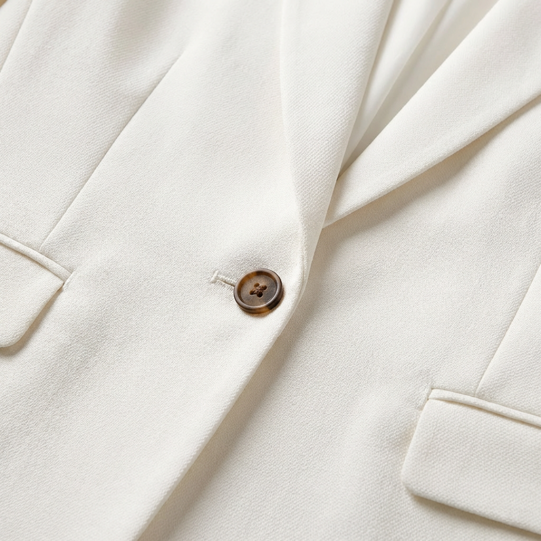 Sophisticated women's blazer, classic lapel, one-button, versatile for professional office wear and business attire.