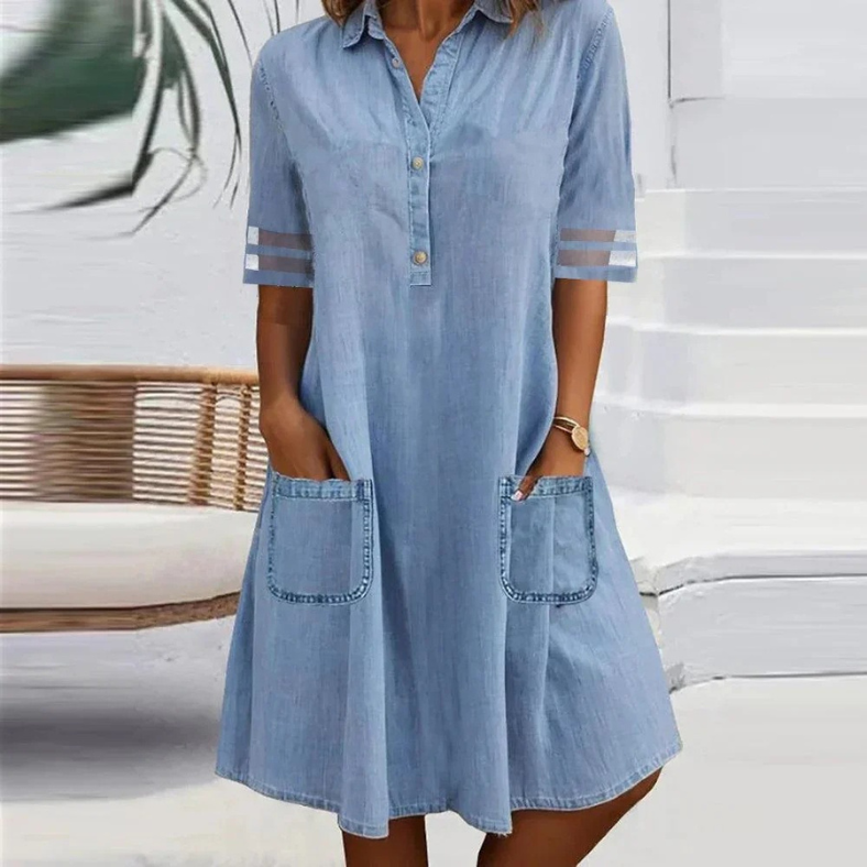 Stylish women's casual mini dress with functional pockets, perfect for versatile everyday summer wear.