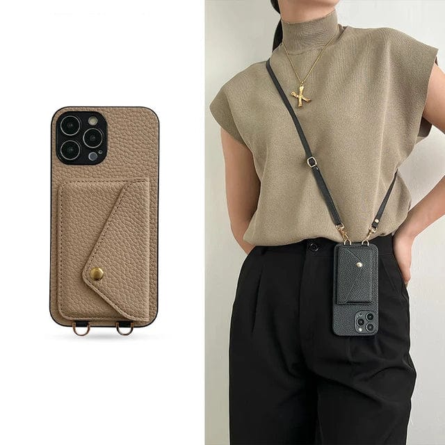 Stylish women's crossbody iPhone case with card holder and adjustable lanyard for hands-free convenience.