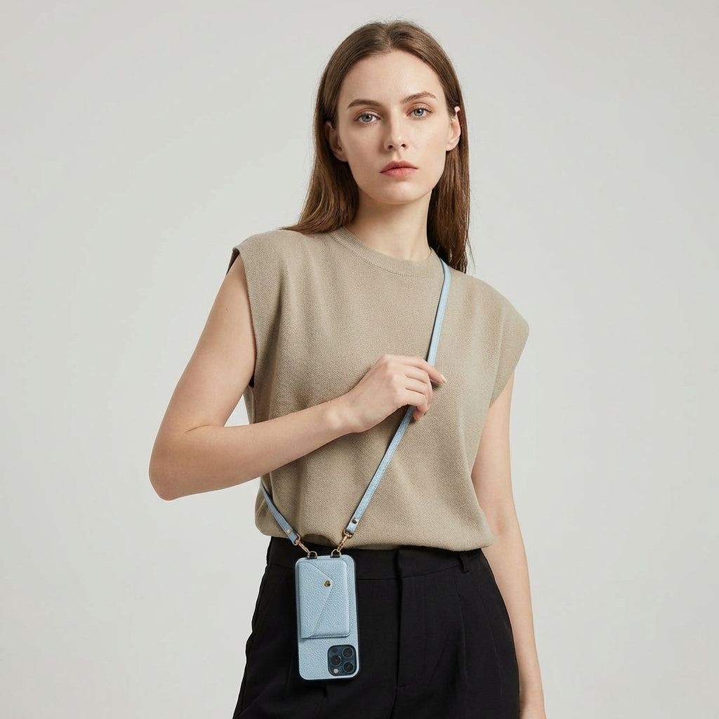 Hands-free women's crossbody phone wallet with card holder and secure lanyard for daily essentials.