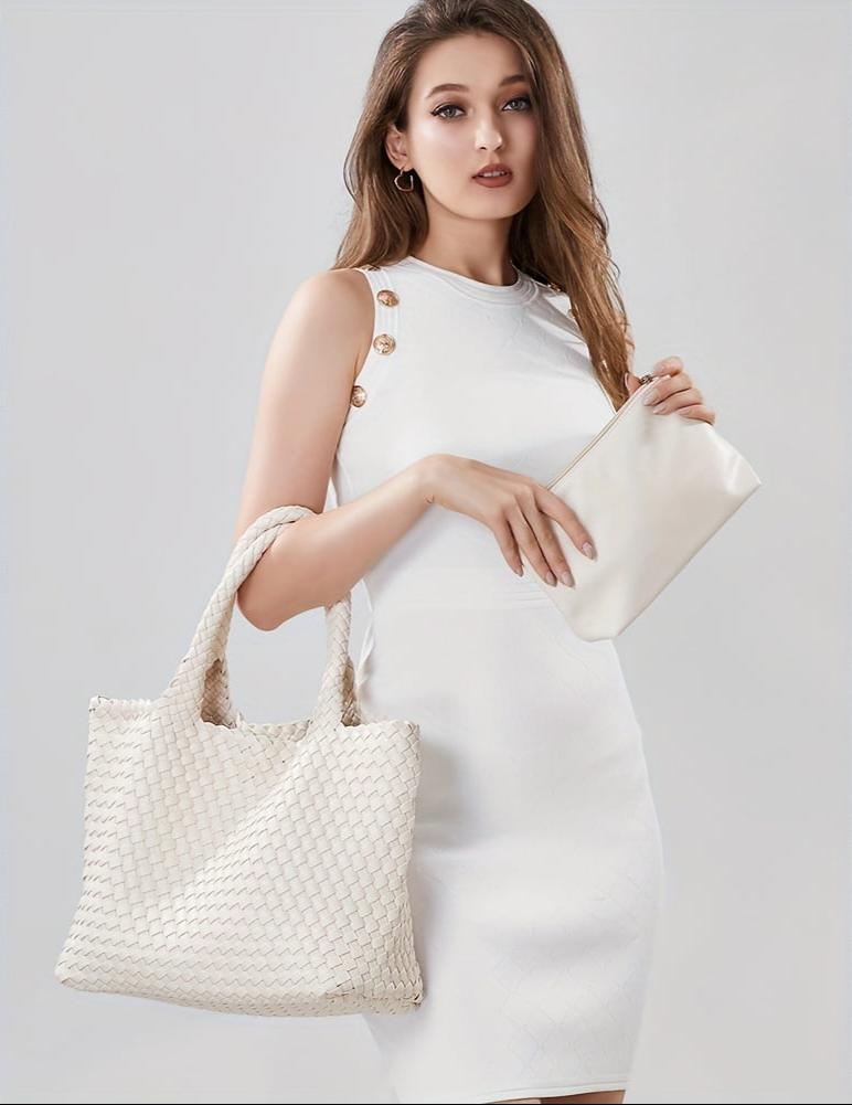 Sophisticated women's large woven tote bag, perfect for a stylish daily commute.