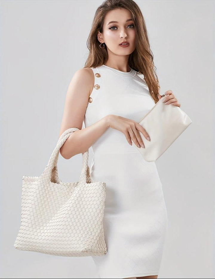 Sophisticated women's large woven tote bag, perfect for a stylish daily commute.